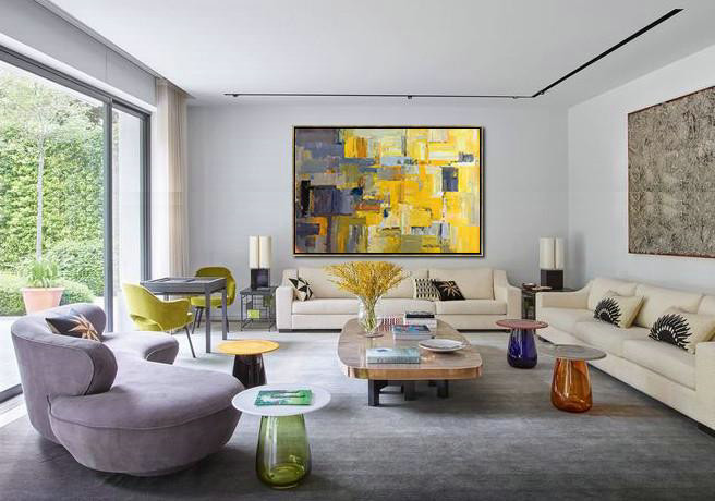 Horizontal Palette Knife Contemporary Art,Extra Large Wall Art,Yellow,Grey,White.etc